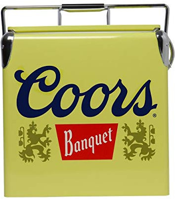 Coors Banquet Retro Ice Chest Cooler with Bottle Opener 13L (14 qt), 18 Can Capacity, Yellow and Silver, Vintage Style Ice Bucket for Camping, Beach, Picnic, RV, BBQs, Tailgating, Fishing