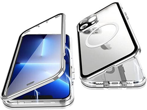 Jonwelsy Case for iPhone 13 Pro, 360 Degree Double-sided Protection Compatible with Magsafe Magnetic Adsorption Metal Bumper Front Tempered Glass Back Frosted PC Cover for iPhone 13 Pro 6.1 (Silver)