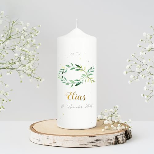 Wandtattoo Loft Taufkerze Mädchen oder Junge personalisierte Patenkerze, Motiv Fisch Blätterkranz, 18cm x 7cm, personalisierte Kerze, bedruckte Kerze Taufe, Stumpenkerze, individuelles Taufgeschenk