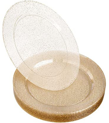 STACKABLES Lot de 20 assiettes rondes en plastique dur - Multi-usage - Pour mariages et fêtes - dorées pailletées - Assiettes de 19,1 cm