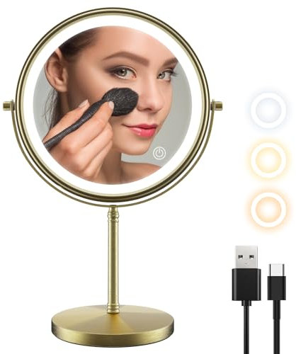 zelaxy Makeup Mirror with Lights 8 Inch, Vanity Mirror Rechargeable Double Sided 1X 10X Magnifying, Led Mirrors with 3 Color Lighting, Touch Sensor Dimming, Brightness Adjustable (Bronze)
