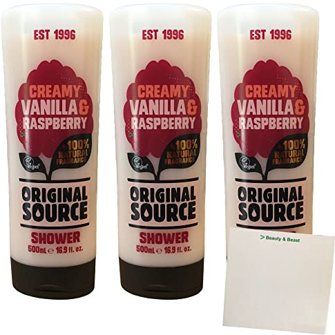 Original Source Creamy Vanilla & Rapberry Duschgel 3er Pack (3x500ml Flasche) + usy Block