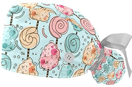 DHH166 2 Packungen Arbeitskappe mit Knöpfen, Schweißband, verstellbare Hüte, bedruckte chirurgische Kappen für Frauen, süßes Muster, Zuckerwatte, Mehrfarbig, Einheitsgröße