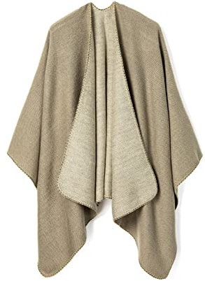 Lindoro Einfarbiger Schal für Damen Offener vorderer Poncho-Umhang, Warme Winter Strickjacke Pashmina Schal (Beige/Hellgrau)