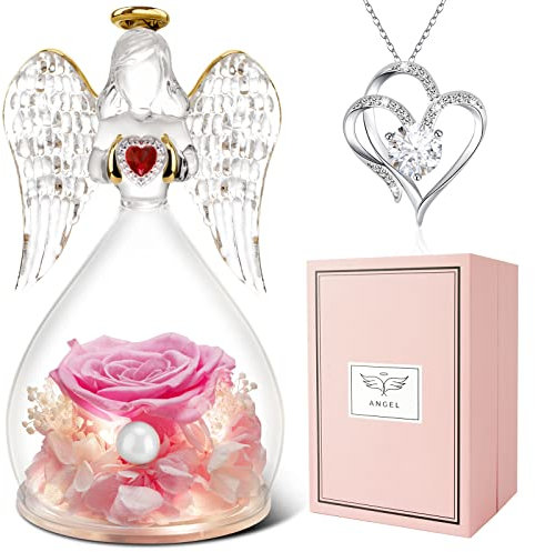 Miofula Engel Geschenke für Mama, Ewige Rose Engel Figur mit Halskette, Echte Rose mit LED Licht, Geschenke für Frauen Mutter Oma Freundin zum Geburtstag Jahrestag Muttertag Valentinstag Weihnachten