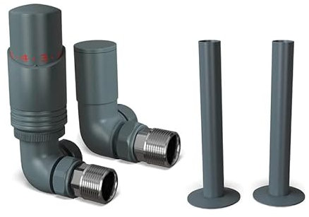 UK Radiators Anthracite Thermostatic Radiator Valves and Corner Lockshield Valve - Matt Finish - Classy and Modern Design 1/2 x 15mm Corner Radiator Valves - with Anthracite Matte 130mm Pipe Covers