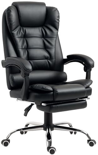 HOMCOM Sedia da Ufficio Ergonomica Presidenziale in Pelle PU con Supporto Lombare, Poltrona da Ufficio Girevole con Schienale Alto Reclinabile 145°, Altezza Regolabile e Poggiapiedi Estraibile, Nero