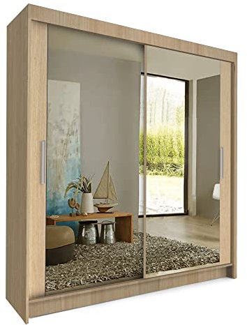 COMFATRA Toronto Double Wardrobe for Bedroom with Sliding Doors Mirror Wardrobe, 2 Door Wardrobe with Large Capacity and Easy Assembly, Space Saving Wardrobe for Bedroom Furniture (Oak, 150 cm)