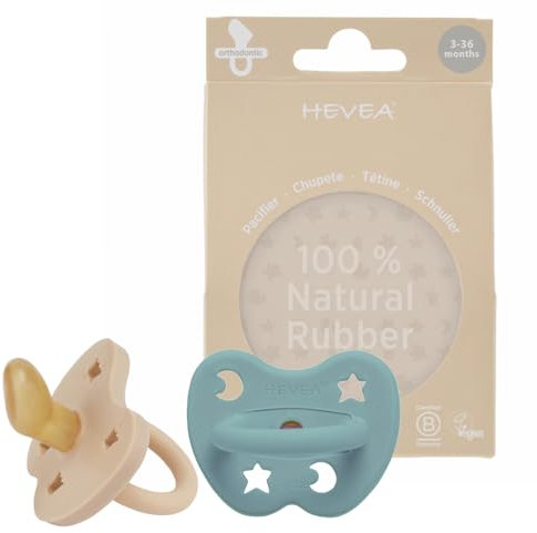 HEVEA Naturkautschuk Schnuller Kiefergerechte Form, 3-36 Monate - hygienisches einteiliges Design für Neugeborene bis Kleinkinder, BPA-frei, weich & langlebig - 2Pack (Sand & Meeresblau)
