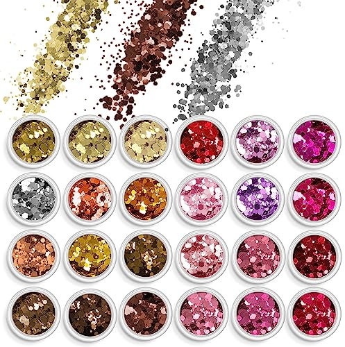 AOOWU Glitter, 24 Farben Festival Glitzer Gesicht, Halloween Schminke Make-up Glitzer Haare, Körperglitzer Festival Zubehör Glitter für Gesicht Nägel Augen Lippen Haare Körper (4+5)