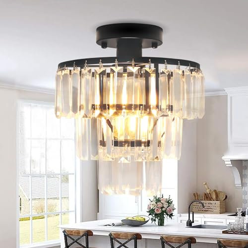 JHLBYL Moderne Kristall Deckenlampe, 1-Flammig Schwarzer Metall Kristall Kronleuchter, Industrielle Kristall Deckenleuchte mit E27 Sockel für Küche, Badezimmer, Veranda