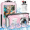 Appareil Photo Numérique Etanche Yixinxin 10FT étanche 4K vidéo 56MP Autofocus 16X Zoom Numérique pour la Plongée en Apnée avec Carte 32GB Rose Bonbon
