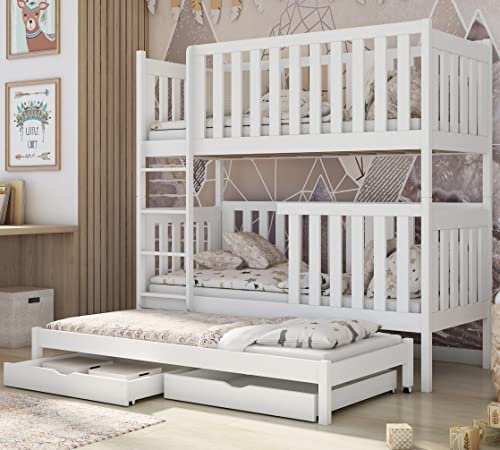 Hochbett 80x180 | 90x200 cm mit Ausziehbett Kinderbett mit Ausziehfunktion zwei Schubladen Lattenrost extra hoher Rausfallschutz umbaubar in 3 Einzelbetten weiß 90x200 cm von 4. bis 18. Lebensjahr