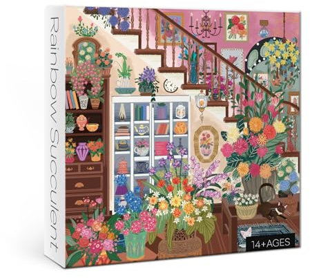 Flower Plant Puzzles 1000 Piece for Adults, Colorful Aesthetic Floral Art Jigsaw Puzzles, Cute Pretty Housepant Succulent Teacup Cat Puzzle