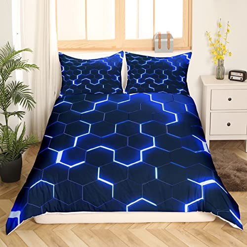 Homewish Honeycomb Bettwäsche 135x200 Neon Licht Geometrische Bettwäsche Set für Kinder Jungen Teens, Geometrie Hexagonal Bettbezug Weiche Mikrofaser Quilt Cover Blau Schwarz Zimmer Dekor