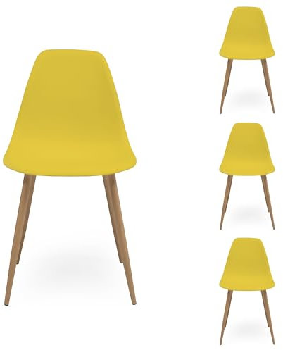 Homely – Pack 4 Sillas Comedor Cairo Nordic | Diseño Nórdico | Asiento de Polipropileno | Patas Metálicas Acabado Madera | Dormitorio, Cocina, Comedor, Estudio | 46x54x84cm | Color Amarillo