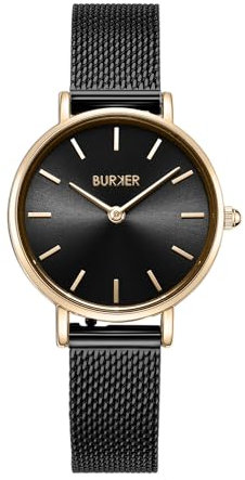 BURKER Damenuhr Ruby Petite, Runder Damen Armbanduhr Klassisch Analog Wasserdicht 3 ATM Geschenk für Frauen Geburtstag Valentinstag - Milanaise-Armband - Schwarz Gold Mesh - 28 mm