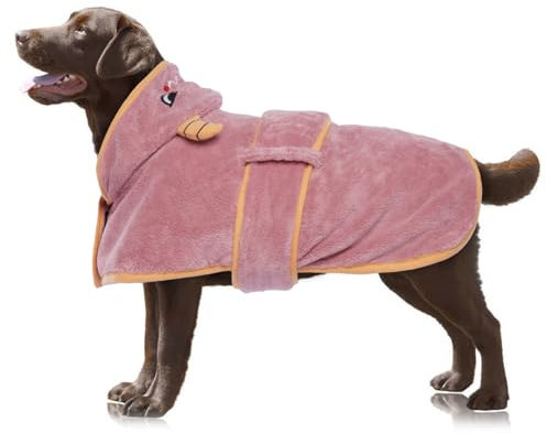OUOBOB Hundetrocknungsmantel, Hundemantel zum Trocknen von Hunden, Rosa Hundetücher für mittlere Hunde, Mikrofaser Hunderobe Super mit Kapuze für verstellbare Bauchgurte für Frenchie, Boston Terrier L