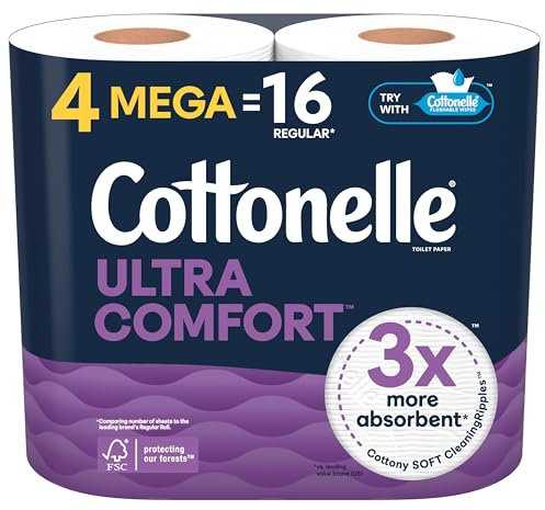 Cottonelle Ultra Comfort Soft Toilet Paper, 4 Mega Rolls = 16 Regular Rolls