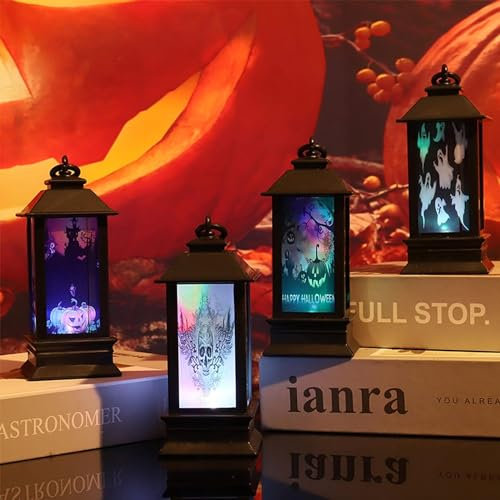 4 Pezzi Lanterne Halloween Luce LED, Halloween Decorazioni Casa Interno Notturna, Halloween Zucca Luminosa da Esterno Appendere, Addobbi Giardino Decorative Lanterna Strega con Batteria (Luce Fredda)