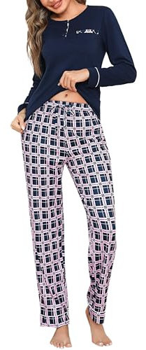 Aseniza Pyjama Femme Hiver Coton Ensembles de Pyjama Femmes Chauds Manches Longues Vêtements de Nuit Pantalon à Carreaux Loungewear 2 Pièces