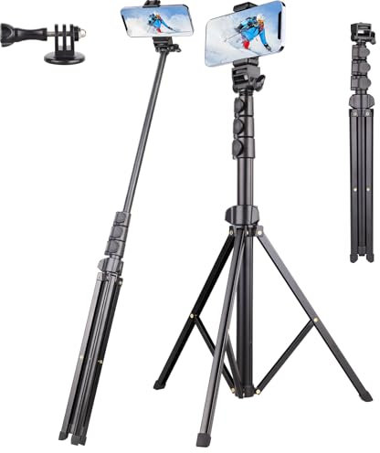 VIELKNOV 168 cm Soporte para trípode para teléfono, trípode Extensible, trípode de cámara Plegable con Clip de teléfono móvil Giratorio de 360 ° para iPhone para Gopro Hero para cámara DSLR