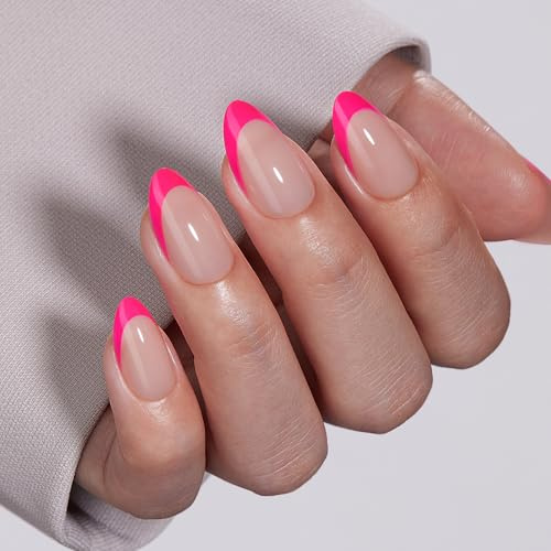 VSALON Press on Nails Short Almond-Set für knallpinke French-Tip-Nägel, wiederverwendbare künstliche Nägel mit weichem Gel-Nagelkleber, Schutzöl, Klebepads und Nagelfeile, 32 Stück in 16 Größen