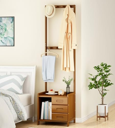 B Portemanteau avec table de chevet et tiroirs multifonctionnel avec étagères et crochets pour chambre à coucher