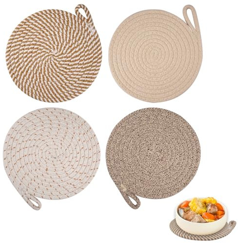 Lot de 4 Dessous de Plats Résistants à La Chaleur pour Plats Chauds 20 cm/7.87 inch,Dessous de Verre en Coton Tissé, Dessous de Plat en Fil de Coton Ronds, sous Plat de Table pour Casseroles,Poêles