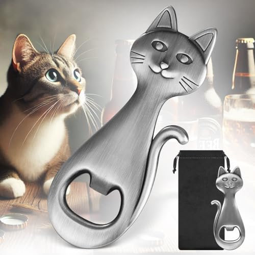 LULLEA Katze Flaschenöffner, Katzen Deko Geschenke für Katzenliebhaber Frauen Männer, Bieröffner Katze Geschenke, Geburtstagsgeschenke, Weihnachtsgeschenke für Frauen Männer,Silber