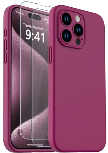 CASELIVE for iPhone 15 Pro Max Case, Liquid Silicone Case with [Tempered Glass Screen Protector] Full Body Shockproof Anti-Scratch Soft Microfiber Lining Cover for iPhone 15 Pro Max 6.7''(Mulberry)