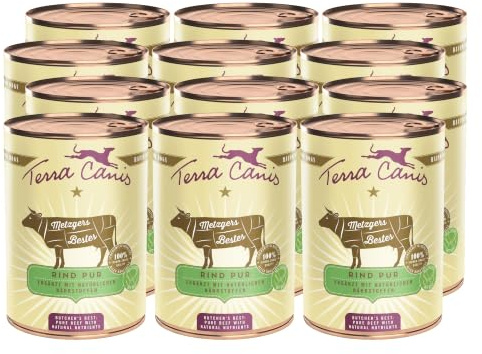 Terra Canis Rind Pur, Metzgers Bestes Nassfutter für Hunde, 12x400g | 100% Lebensmittelqualität aller Rohstoffe, Herz und Leber vom Metzger, reich an Nährstoffen, getreide- und glutenfrei