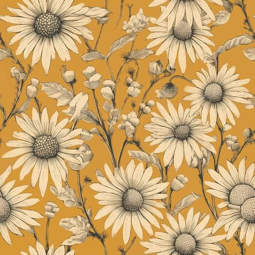 Livelynine Papier Peint Fleuri Vintage Jaune Orange 44.5CMx7M Papier Peint Adhesif Mural Floral Jaune Moutarde Rouleau Adhesif Decoratif Motif Floral Campagne Chic Revetement Adhésif Meuble Cuisine