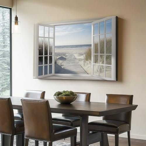 Leinwandbild Modern Meerblick Aus Dem Fenster Poster 120 x 50 cm (Ungerahmt) Wandbild Kunstdruck für Wohnzimmer Schlafzimmer Büro Wanddeko Weiß not Rahmen Bild auf Leinwand