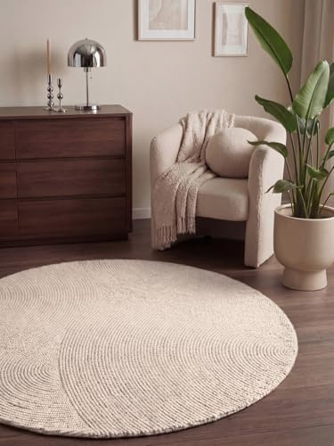 Hanse Home Wollteppich Calmio - Natur Wohnzimmerteppich Rund - Handgetuftet - Hygge Skandi, Boho Teppich Wolle für Wohnzimmer, Schlafzimmer, Esszimmer, Flur - Natur Weiß, Ø120cm
