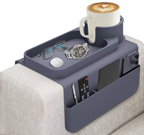 JNCST Sofa Armrest Tray - Silicone Couch Cup Holder with Anti-Slip Base & Multi-Pockets Spill-Proof Sofa Tray for Coffee, Snacks & Remote Secure Grip Design for Leather/Fabric Couches (Grey)