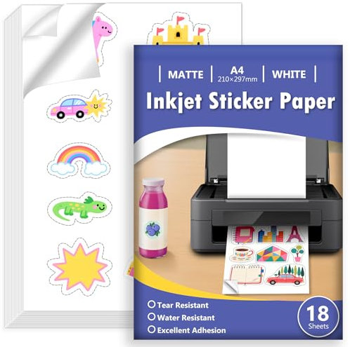 Euqvunn 18 Hojas Papel Pegatina para Imprimir A4, Vinilo Imprimible Adhesivo Blanco Mate Impermeable, Adhesivo de Página Completa para Impresoras de Inyección de Tinta, Secado Rápido, 210x297mm