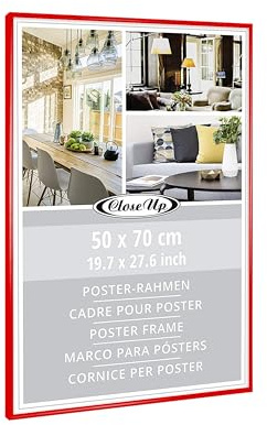Close Up Posterrahmen 50 x 70 cm | Kunststoff Rot mit Rückwand | PVC-Scheibe (unzerbrechlich) Profilbreite 12 mm – Farbig & modern für Poster, Kunstdrucke, Fotos – Wandmontage im Hoch- & Querformat