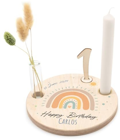 GRAVURZEILE Bedruckter Geburtstagsteller aus Holz - Regenbogen Pastell Blau - Personalisiert mit Name & Datum - inkl. Kerzenhalter, Glasvase & Zahlen 0-9 - Geschenk für Baby & Kinder zum Geburtstag