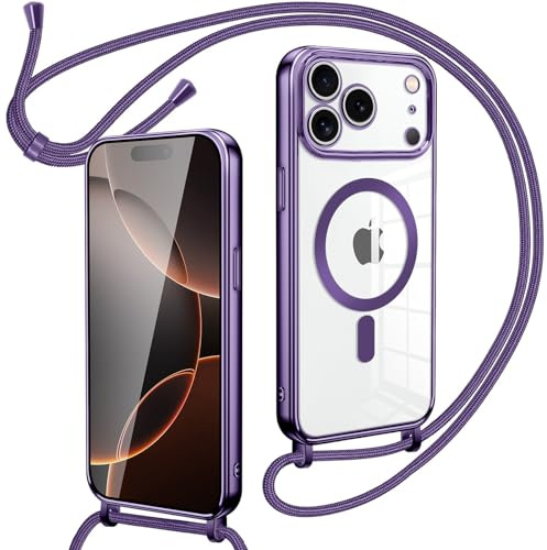 Oelrstfe Collier Magnétique Coque avec Cordon pour iPhone 17 Pro, Transparent Réglable Étui Chain Chaine Housse de Souple Silicone Antichoc Etui Bandouliere Laniere pour iPhone 17 Pro-Violet