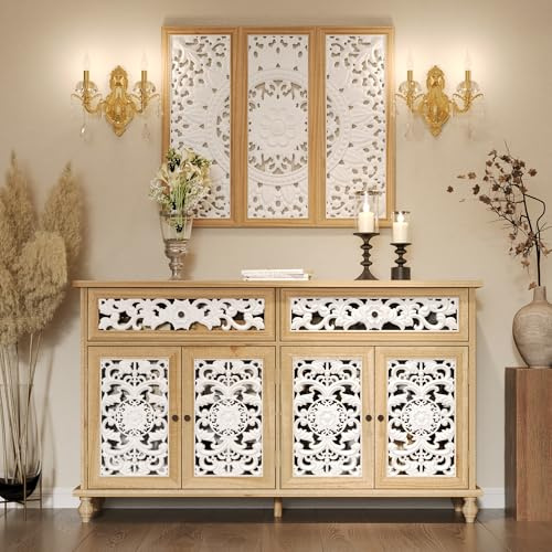 Caldion Sideboard mit Holzplatte,Anrichte, 2 Schubladen & 4 Türen,Kommode mit geschnitzten und Durchbrochenen, Massivholz, für Wohnzimmer, Flur & Esszimmer Küche,150x40x90cm,Naturholzfarbe