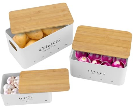 Gemüseaufbewahrung 3er Set Kartoffeln Zwiebeln Knoblauch Bambus Deckel Kohlenstoffstahl Belüftungslöcher Stapelbar 33x18x15cm Frischhaltebox Küchenorganizer Schubladenschrank Kompatibel​ (Weiß)