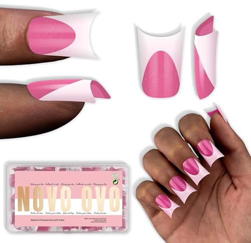 NOVO OVO Extra dicke Duck Nails Short mit Moon Curve Light Weiße French Tips ROSE PINK Volle Deckung für Press-on-Acryl,Flare Wide French Soft Gel Fake Falsche Nagelverlängerung 15 Größen, 240 Stück