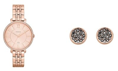 FOSSIL Damen Jacqueline Roségoldfarbene Edelstahl Uhr und Messing Ohrringe, Set