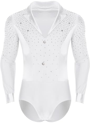TiaoBug Herren Latein Body Langarm V-Ausschnitt Ballettanzug Revers Hemdbody Mesh Patchwork Ballett Trikot Gymnastikanzug Eiskunstlauf Leotard Kostüm