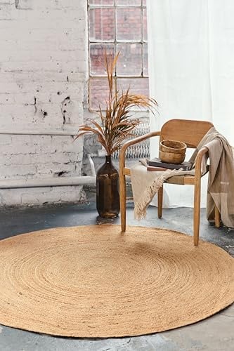 TAPISO Jute Teppich Rund | Boho Wohnzimmer Wohnzimmerteppich Naturfaser | Handgewebt, Pflegeleicht und Juteteppich Für Fußbodenheizung | Beige Teppich Schlafzimmer 200 x 200 cm