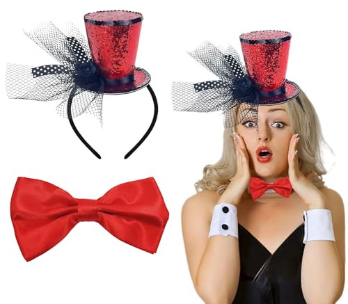 YEDOUALE Mini Zylinderhut für Damen, rotes Band, mit Glitzer, 19x8 cm, Elegantes Haaraccessoire für Partys, Halloween und Hochzeiten