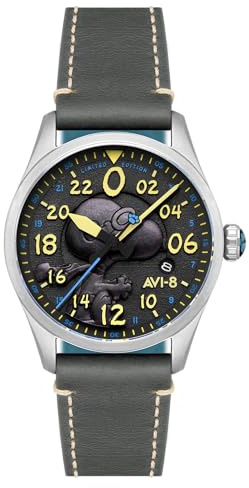 AVI-8 Herren 42mm Spitfire Peanuts Snoopy Flying Ace 24 Stunden Automatische Limitierte Auflage Uhr mit Lederarmband AV-4150, anthrazit, Armband