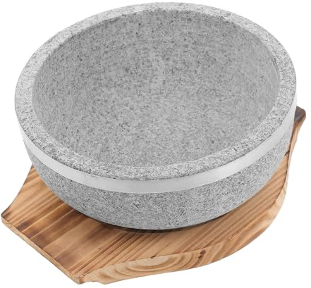 YARNOW 1 Set Bol de Nouilles en Pierre Coréenne 800ml avec Base en Bois Naturel Léger Réutilisable Cuisine Bibimbap et Soupe Coréenne