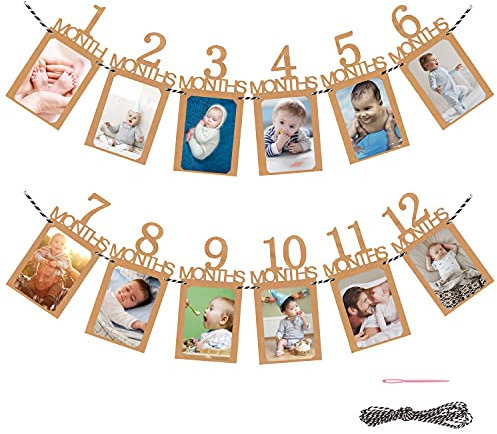 CZ Store® Ghirlanda di Compleanno 12 Mesi ✮Garanzia a Vita✮ Festone Primo Compleanno Bimbo -Bandierine 12 Cartoncini di Carta per Foto Mensili, Filo e Ago Inclusi - Addobbi e Forniture per Feste